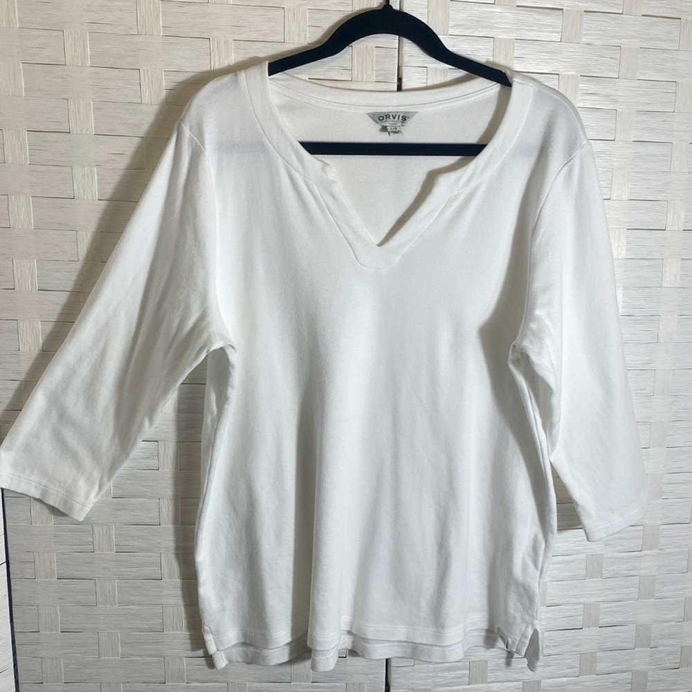 Orvis Ladies White‎ Pima V-Neck Tee Tunic 3/4 Sleeve Size Large